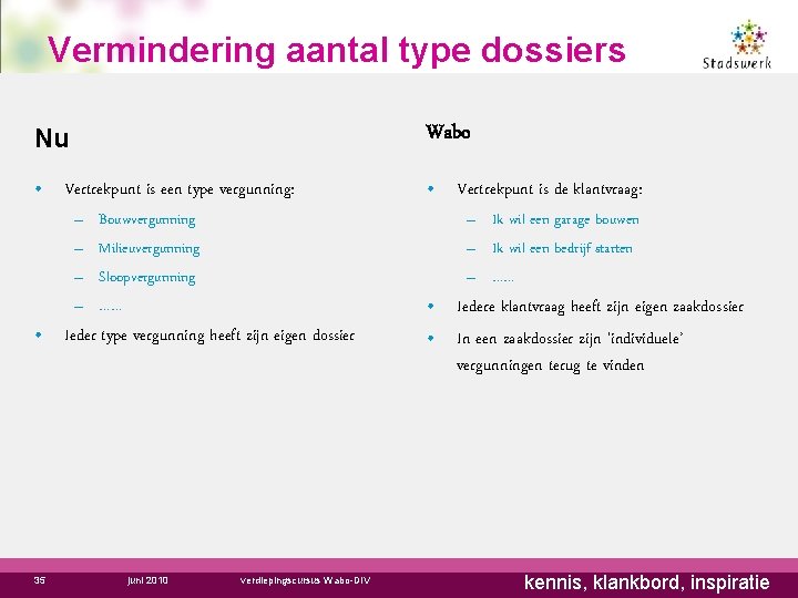 Vermindering aantal type dossiers Nu Wabo • Vertrekpunt is een type vergunning: • Vertrekpunt