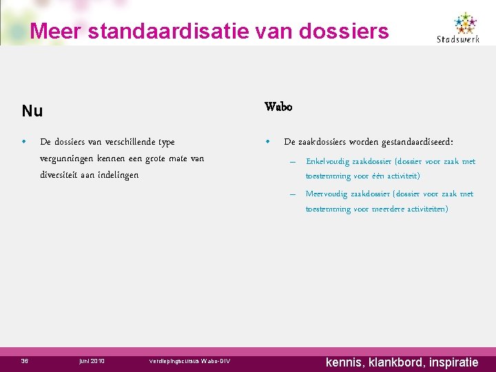 Meer standaardisatie van dossiers Nu Wabo • De dossiers van verschillende type vergunningen kennen