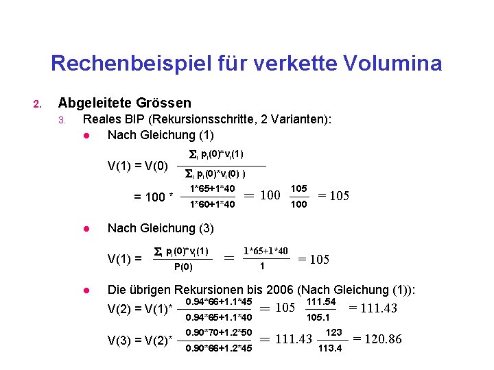 Rechenbeispiel für verkette Volumina 2. Abgeleitete Grössen 3. Reales BIP (Rekursionsschritte, 2 Varianten): Nach