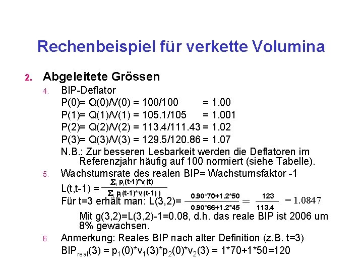 Rechenbeispiel für verkette Volumina 2. Abgeleitete Grössen 4. 5. BIP-Deflator P(0)= Q(0)/V(0) = 100/100