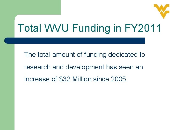 Total WVU Funding in FY 2011 The total amount of funding dedicated to research