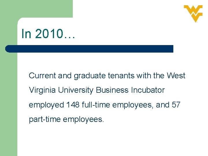 In 2010… Current and graduate tenants with the West Virginia University Business Incubator employed
