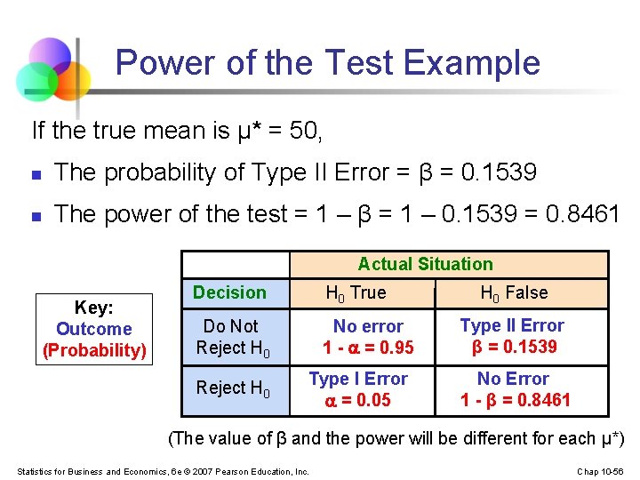 Power of the Test Example If the true mean is μ* = 50, n