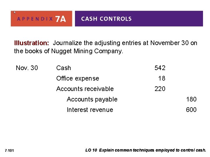 Illustration: Journalize the adjusting entries at November 30 on the books of Nugget Mining