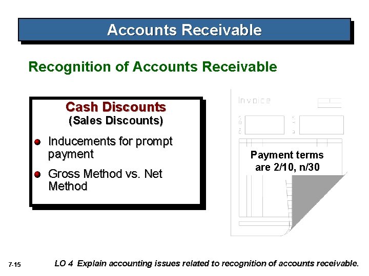 Accounts Receivable Recognition of Accounts Receivable Cash Discounts (Sales Discounts) Inducements for prompt payment