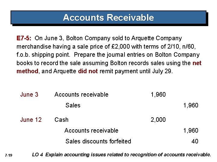 Accounts Receivable E 7 -5: On June 3, Bolton Company sold to Arquette Company