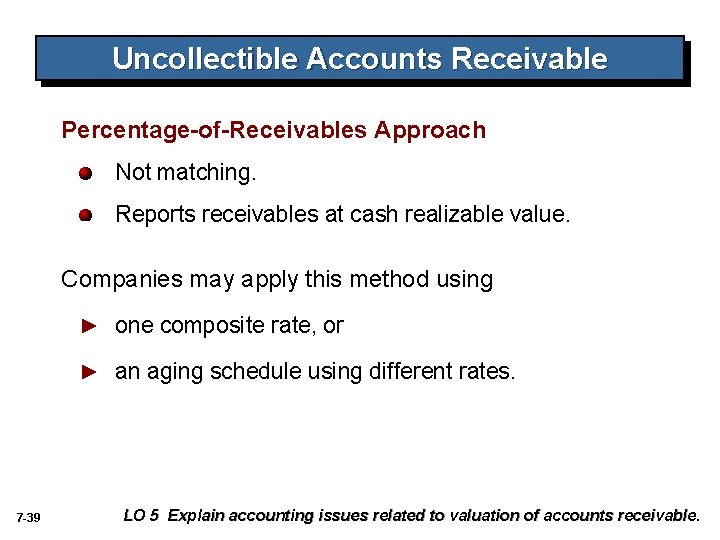 Uncollectible Accounts Receivable Percentage-of-Receivables Approach Not matching. Reports receivables at cash realizable value. Companies