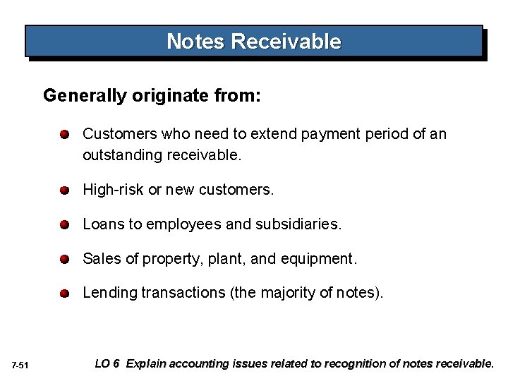 Notes Receivable Generally originate from: Customers who need to extend payment period of an