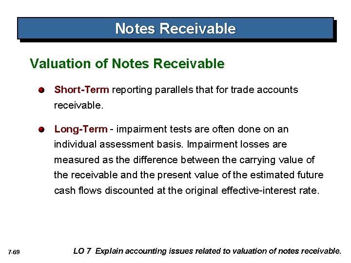 Notes Receivable Valuation of Notes Receivable Short-Term reporting parallels that for trade accounts receivable.