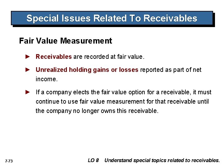 Special Issues Related To Receivables Fair Value Measurement ► Receivables are recorded at fair
