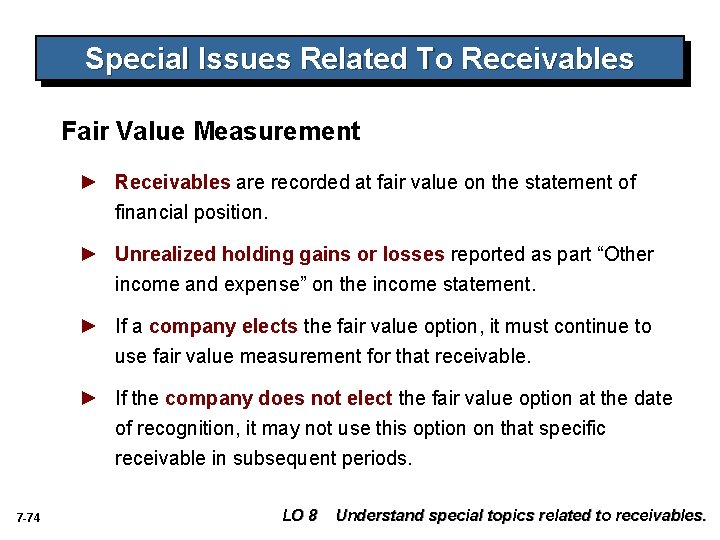 Special Issues Related To Receivables Fair Value Measurement ► Receivables are recorded at fair