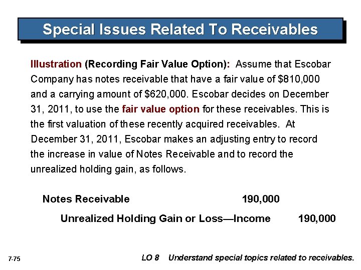 Special Issues Related To Receivables Illustration (Recording Fair Value Option): Assume that Escobar Company