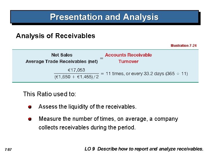 Presentation and Analysis of Receivables Illustration 7 -24 This Ratio used to: Assess the