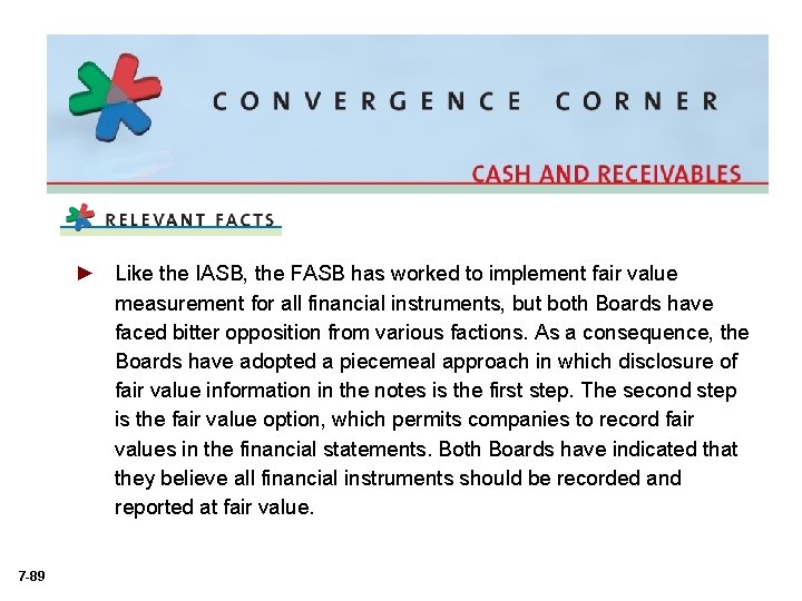 ► Like the IASB, the FASB has worked to implement fair value measurement for