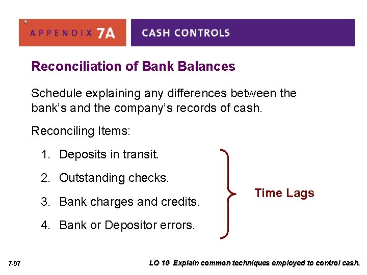 Reconciliation of Bank Balances Schedule explaining any differences between the bank’s and the company’s