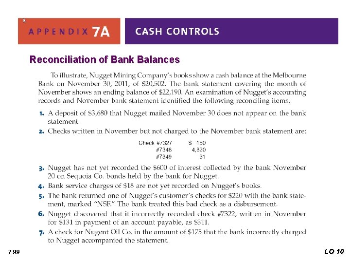 Reconciliation of Bank Balances 7 -99 LO 10 