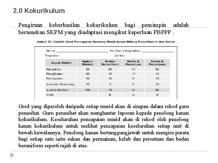 2. 0 Kokurikulum Pengiraan keberhasilan kokurikulum bagi pemimpin adalah berasaskan SKPM yang diadaptasi mengikut