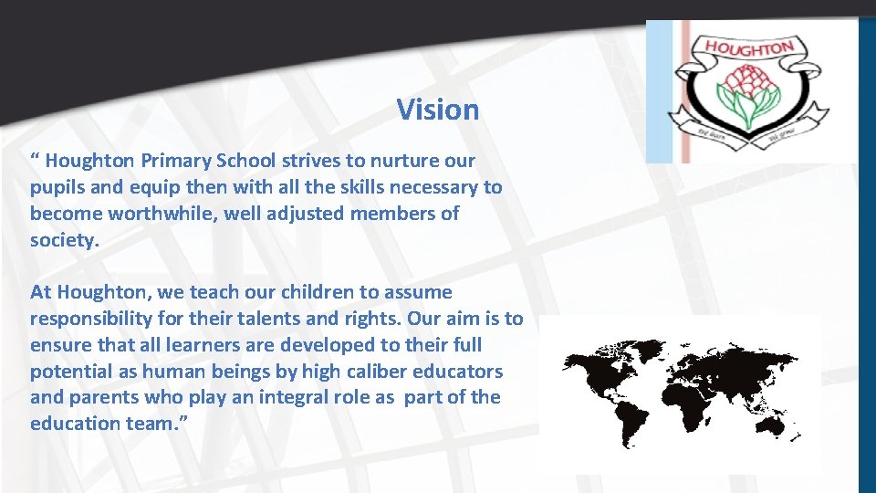 Vision “ Houghton Primary School strives to nurture our pupils and equip then with