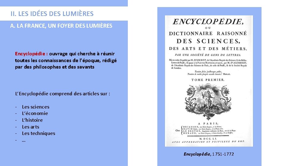 II. LES IDÉES DES LUMIÈRES A. LA FRANCE, UN FOYER DES LUMIÈRES Encyclopédie :