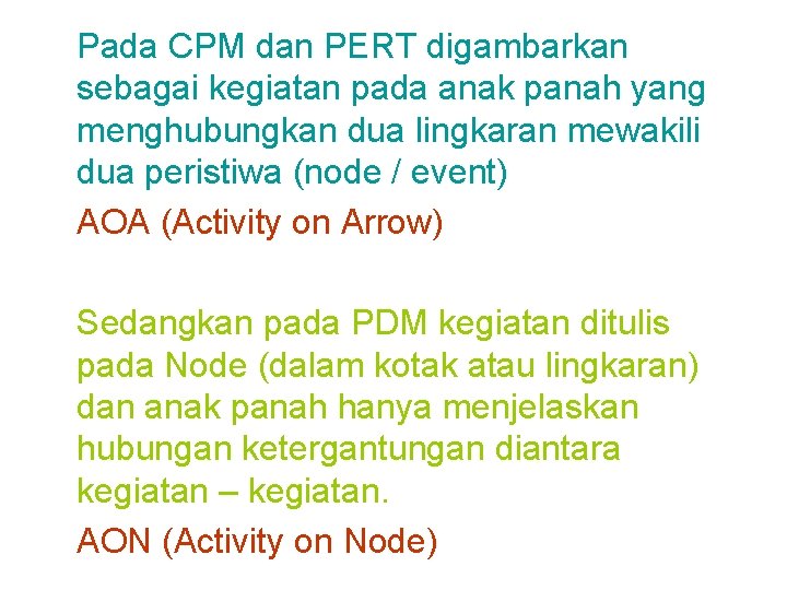 Pada CPM dan PERT digambarkan sebagai kegiatan pada anak panah yang menghubungkan dua lingkaran