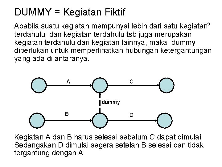 DUMMY = Kegiatan Fiktif Apabila suatu kegiatan mempunyai lebih dari satu kegiatan 2 terdahulu,