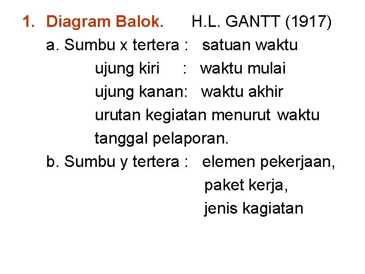 1. Diagram Balok. H. L. GANTT (1917) a. Sumbu x tertera : satuan waktu