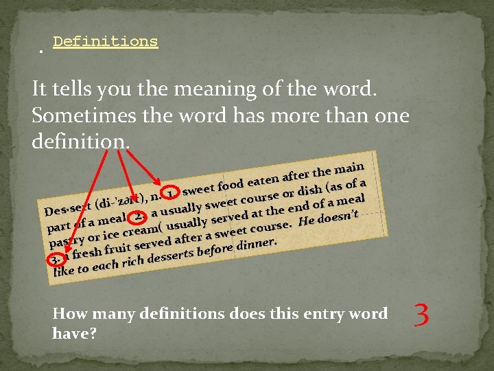 . Definitions It tells you the meaning of the word. Sometimes the word has