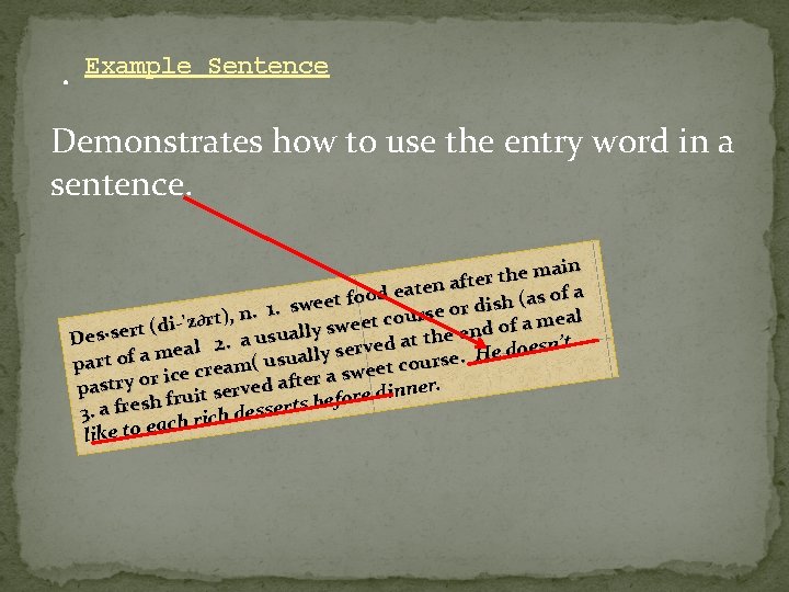 . Example Sentence Demonstrates how to use the entry word in a sentence. e