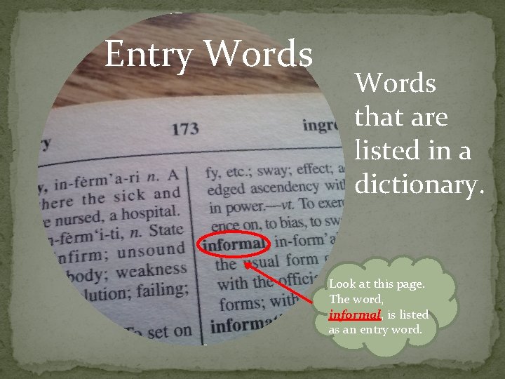 Entry Words that are listed in a dictionary. Look at this page. The word,