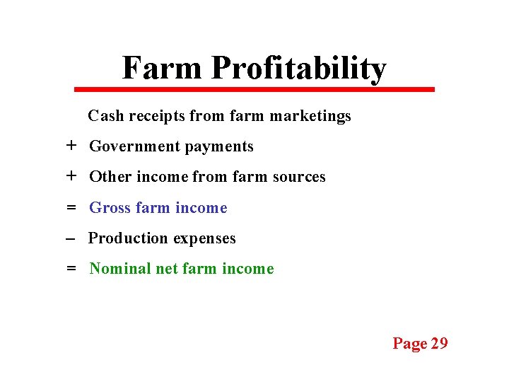 Farm Profitability Cash receipts from farm marketings + Government payments + Other income from