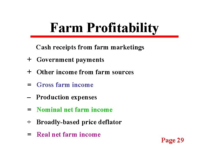 Farm Profitability Cash receipts from farm marketings + Government payments + Other income from