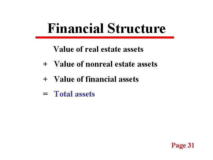 Financial Structure Value of real estate assets + Value of nonreal estate assets +