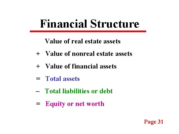 Financial Structure Value of real estate assets + Value of nonreal estate assets +