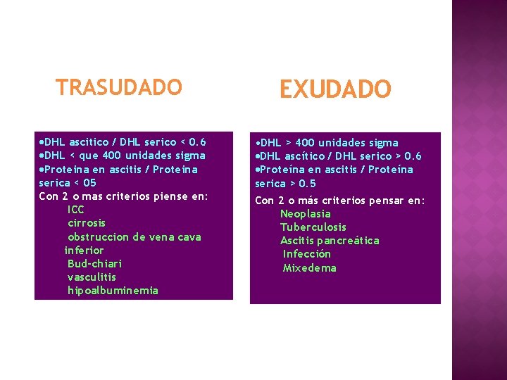 TRASUDADO ·DHL ascitico / DHL serico < 0. 6 ·DHL < que 400 unidades