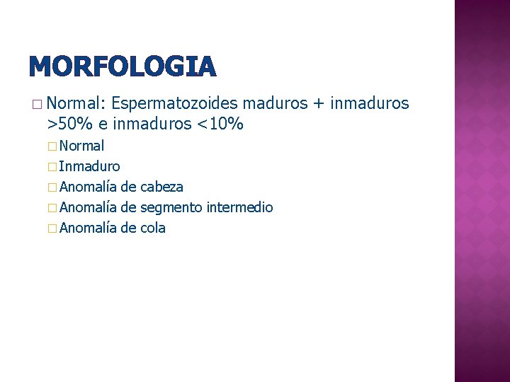 MORFOLOGIA � Normal: Espermatozoides maduros + inmaduros >50% e inmaduros <10% � Normal �