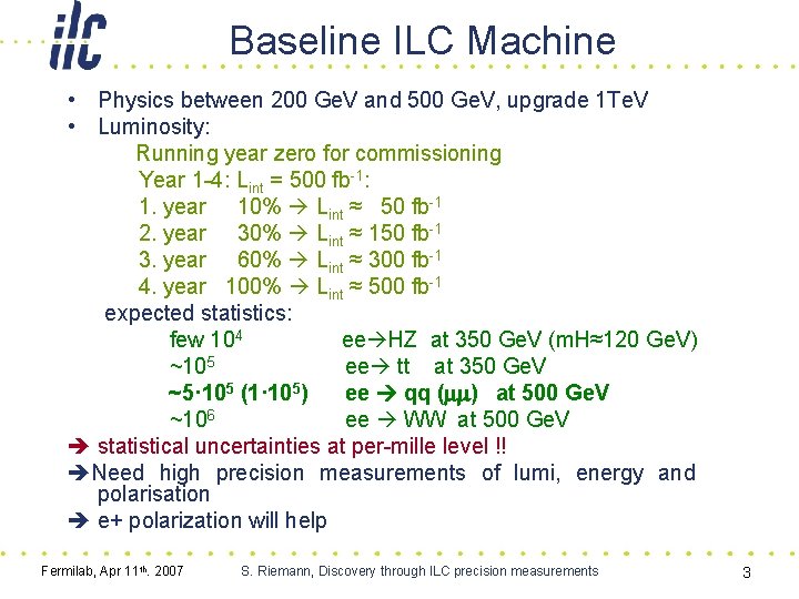 Baseline ILC Machine • Physics between 200 Ge. V and 500 Ge. V, upgrade