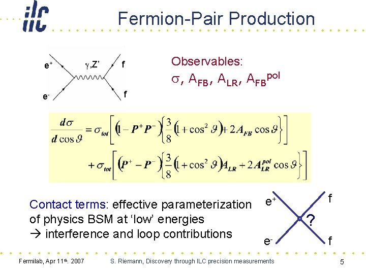 Fermion-Pair Production e+ e- g, Z’ f Observables: s, AFB, ALR, AFBpol f Contact
