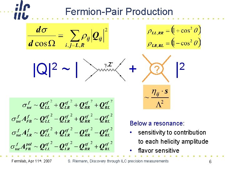 Fermion-Pair Production 2 |Q| ~| g, Z’ + ? | 2 Below a resonance: