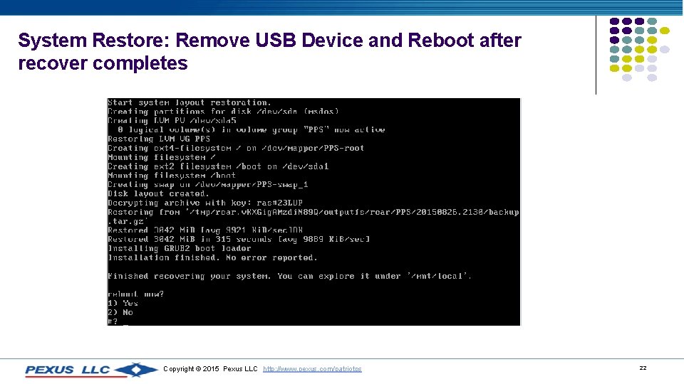 System Restore: Remove USB Device and Reboot after recover completes Copyright © 2015 Pexus