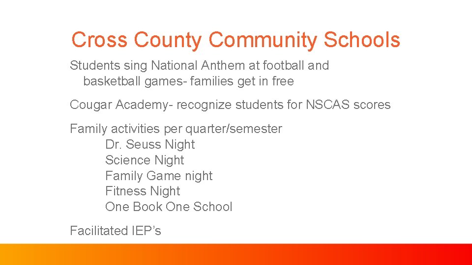 Cross County Community Schools Students sing National Anthem at football and basketball games- families
