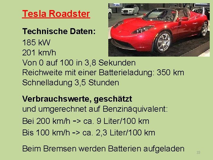 Tesla Roadster Technische Daten: 185 k. W 201 km/h Von 0 auf 100 in