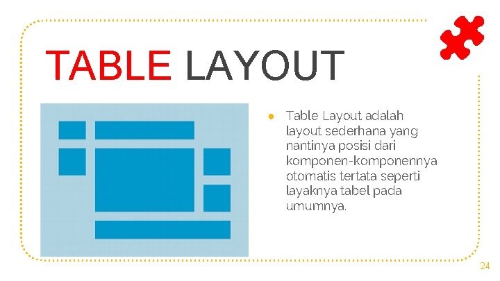 TABLE LAYOUT ● Table Layout adalah layout sederhana yang nantinya posisi dari komponen-komponennya otomatis