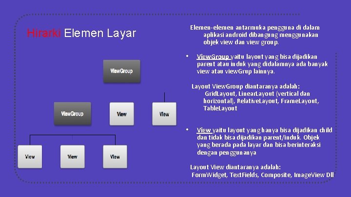 Elemen-elemen antarmuka pengguna di dalam aplikasi android dibangung menggunakan objek view dan view group.