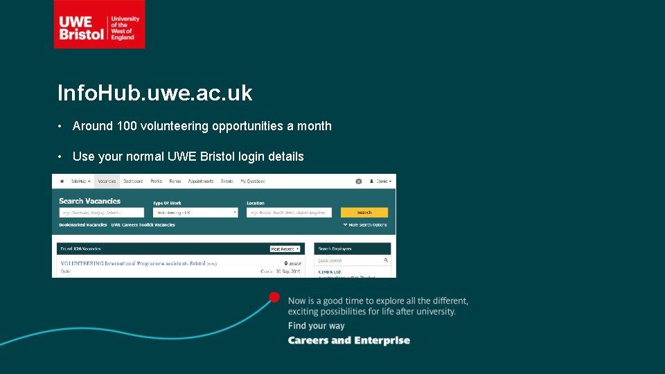 Info. Hub. uwe. ac. uk • Around 100 volunteering opportunities a month • Use