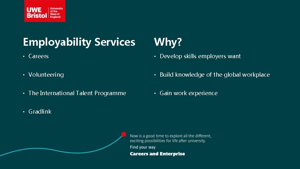Employability Services Why? • Careers • Develop skills employers want • Volunteering • Build
