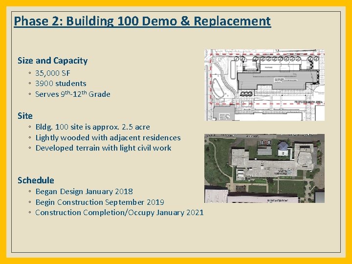 Phase 2: Building 100 Demo & Replacement Size and Capacity ◦ 35, 000 SF