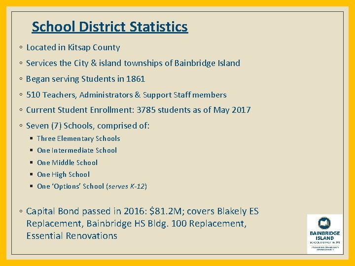School District Statistics ◦ Located in Kitsap County ◦ Services the City & island