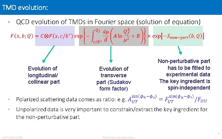 TMD evolution: • Evolution of longitudinal/ collinear part LNF 1/12/2016 Evolution of transverse part