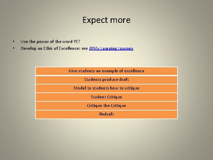 Expect more • • Use the power of the word YET Develop an Ethic Expect more • • Use the power of the word YET Develop an Ethic