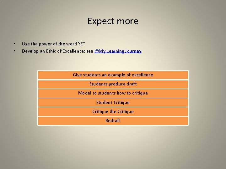 Expect more • • Use the power of the word YET Develop an Ethic